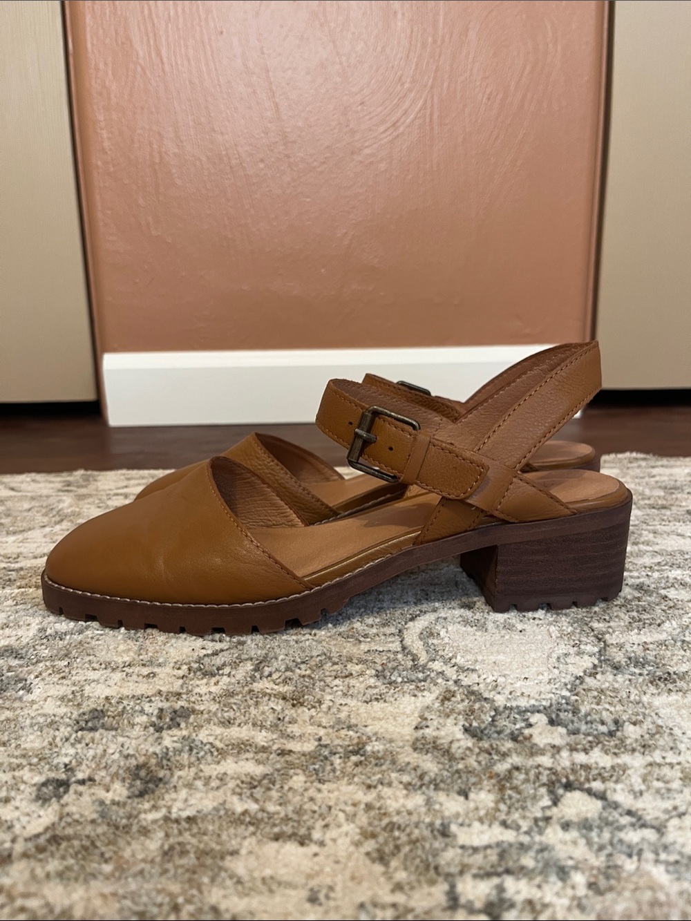 Women's Brown Leather Low Block Heel Slingback Sandals